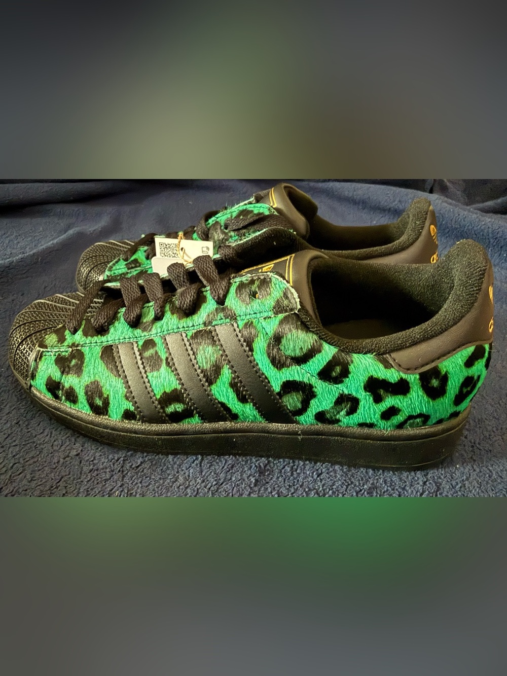 adidas Green and Black Leopard-Print Superstar Sneakers. REAL COW FUR.